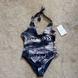 COS Navy and Cream Reversible Halter One-Piece Swimsuit